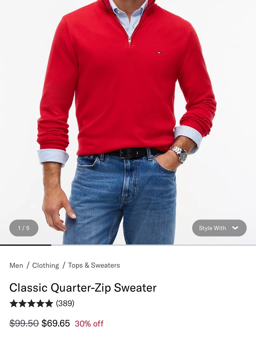 Tommy Hilfiger Men’s Red Quarter‑Zip Sweater